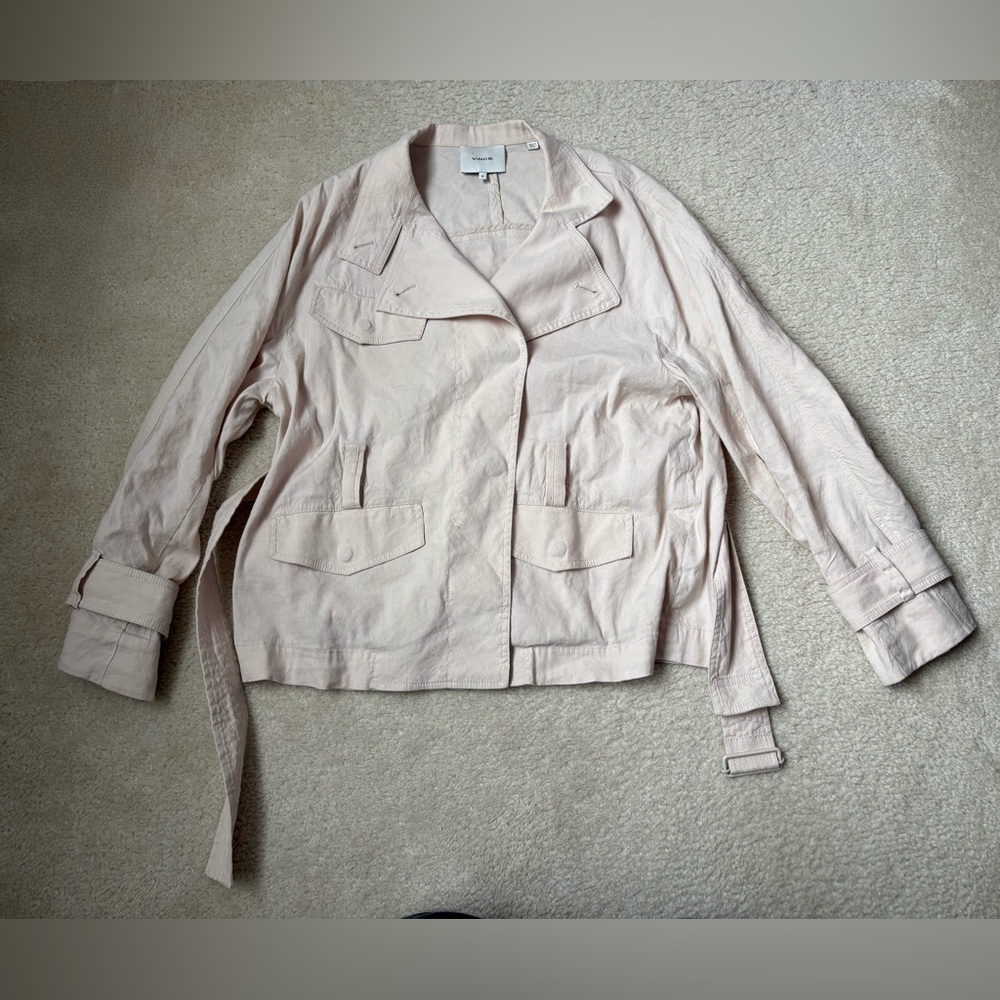 Vince stretch Drapey belted linen blend jacket, sand glow, trench coat , sz M - Picture 3 of 11